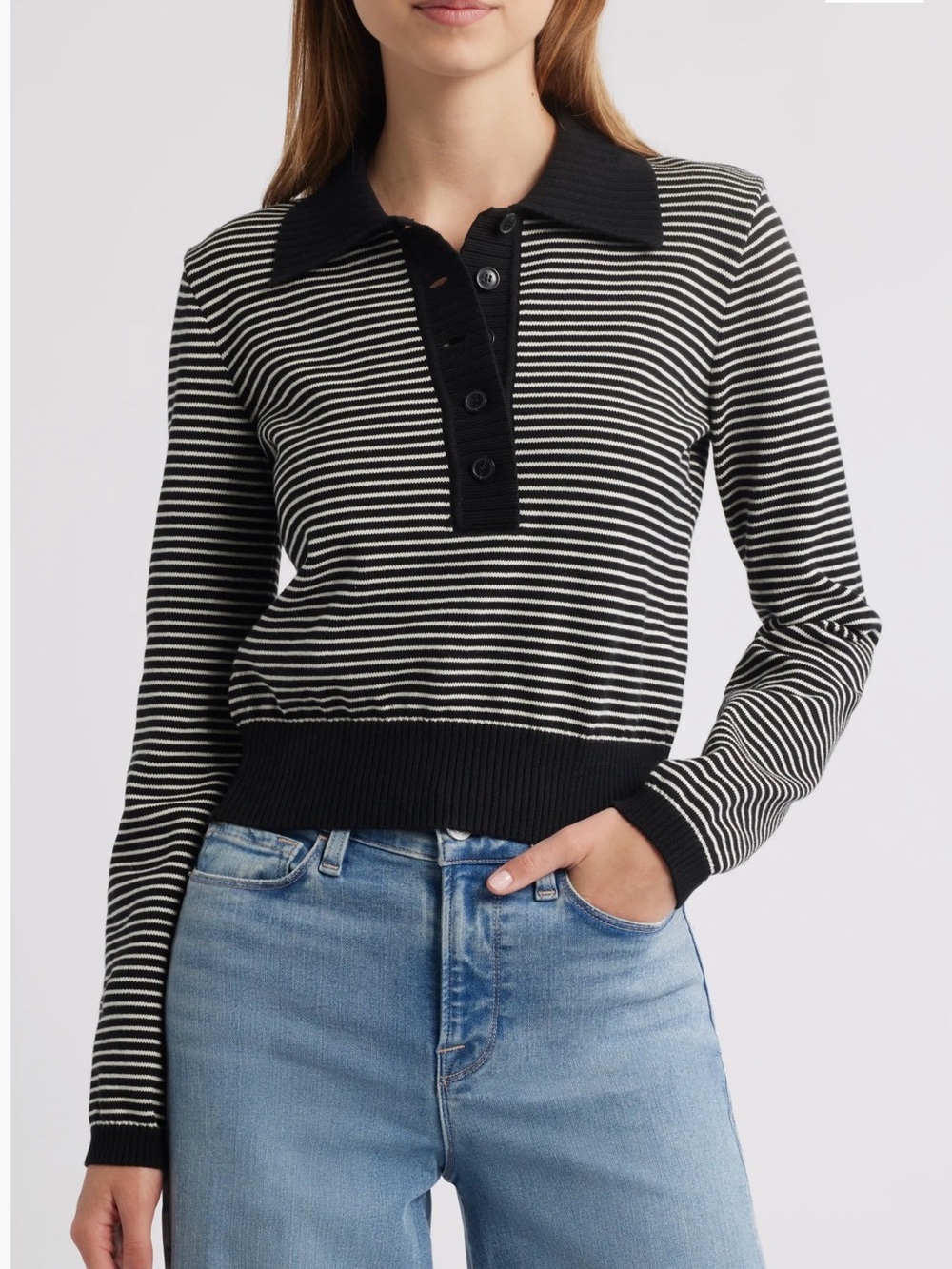 NWT FRAME DENIM THE GRADUATE STRIPE COTTON POLO SWEATER BLACK/WHITE SZ S